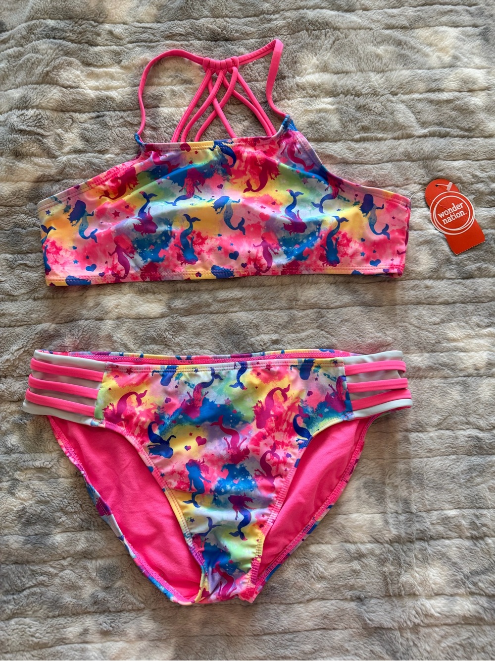 Wonder Nation Girls' Pink Multi Mermaid Print Two-Piece Swimsuit Size 18 XXL